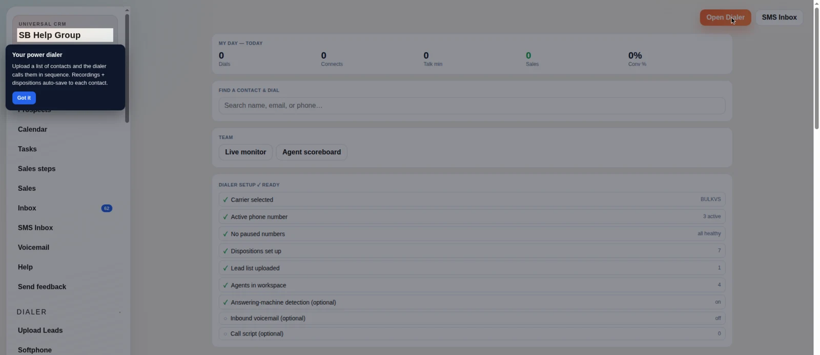 Real Straton power dialer readiness screen